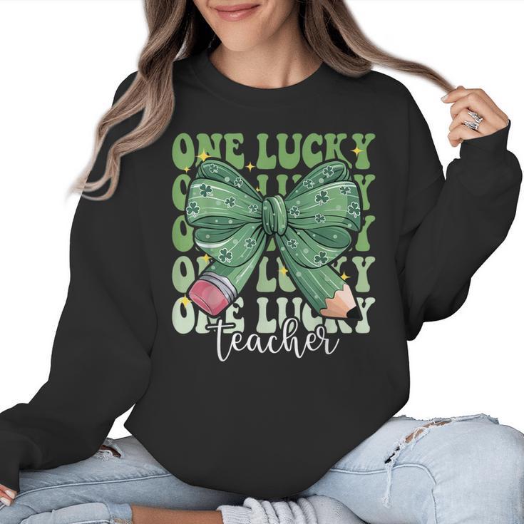 One Lucky Teacher Coquette Bow St Patricks Day Teacher Women Crewneck Sweatshirt