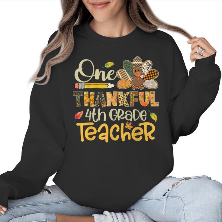 One Thankful 4th Grade Teacher Turkey Leopard Thanksgiving Women Crewneck Sweatshirt