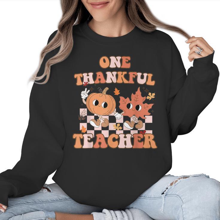 One Thankful Teacher Fall Leaves Thanksgiving Retro Women Crewneck Sweatshirt