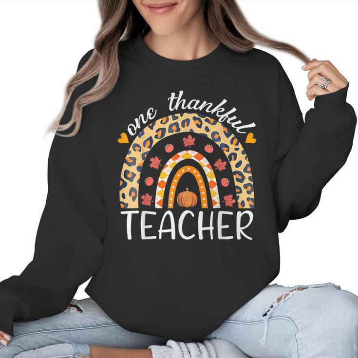 One Thankful Teacher Thanksgiving Rainbow Leopard Fall Women Crewneck Sweatshirt