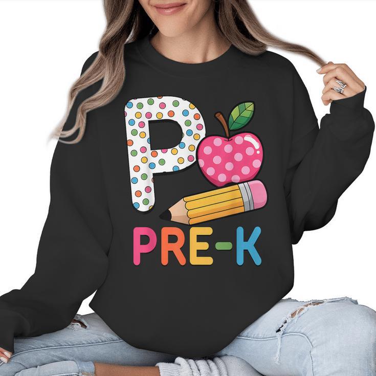 P Is For Pre K Teacher Student Pencil Apple Back To School Women Crewneck Sweatshirt