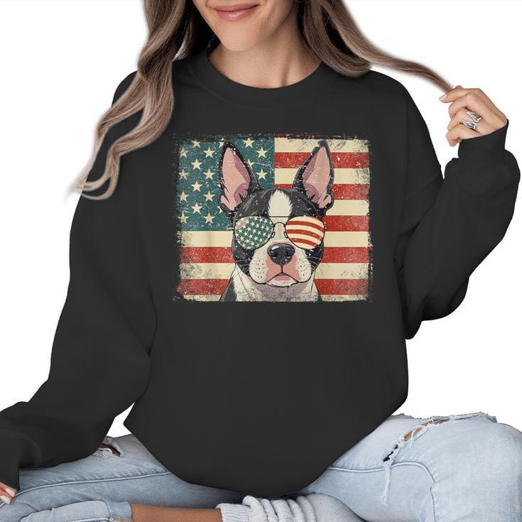 Patriotic Boston Terrier Dog Lover USA Flag 4th Of July For Men Women Kids Women Crewneck Sweatshirt