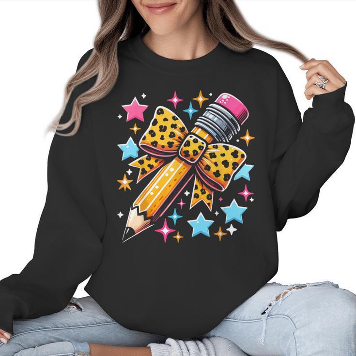 Pencil Leopard Coquette Bow Teacher Life Back To School Women Crewneck Sweatshirt