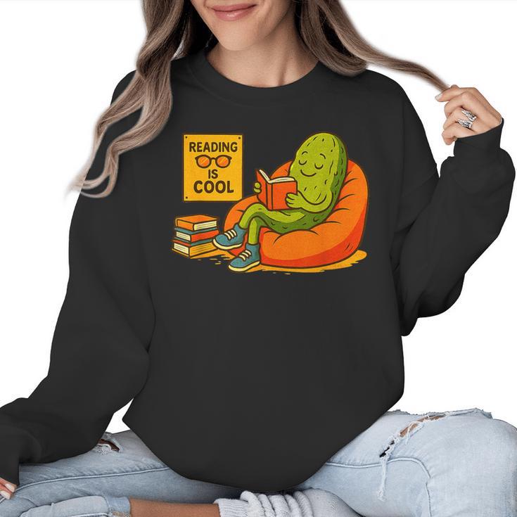 Pickle Reading Books Bookworm Teacher Librarian Kids Retro Women Crewneck Sweatshirt