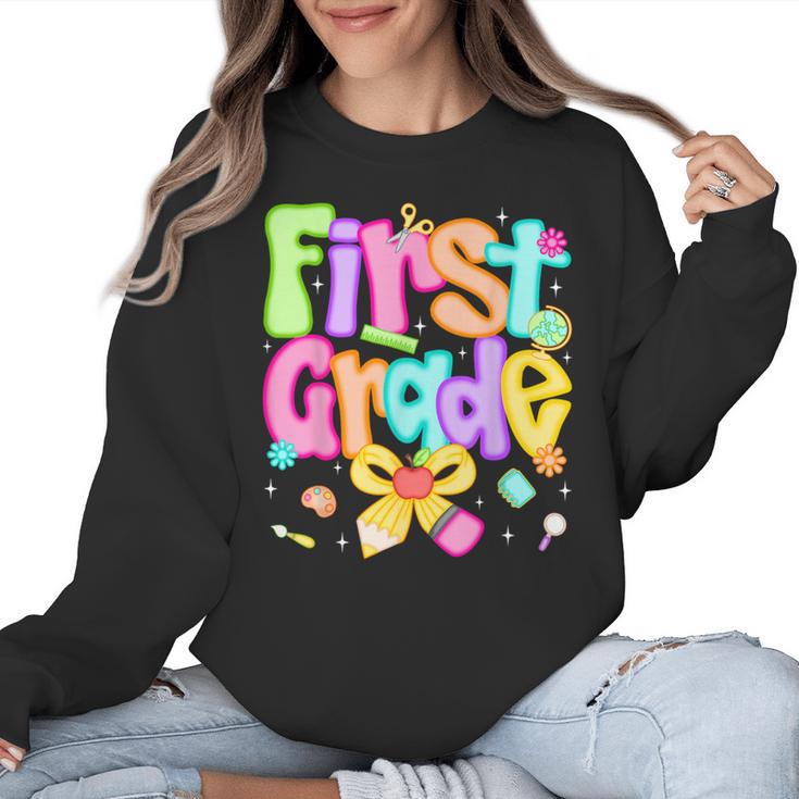 Preppy First Grade Back To School 1st Grade Teacher Girl Kid Women Crewneck Sweatshirt