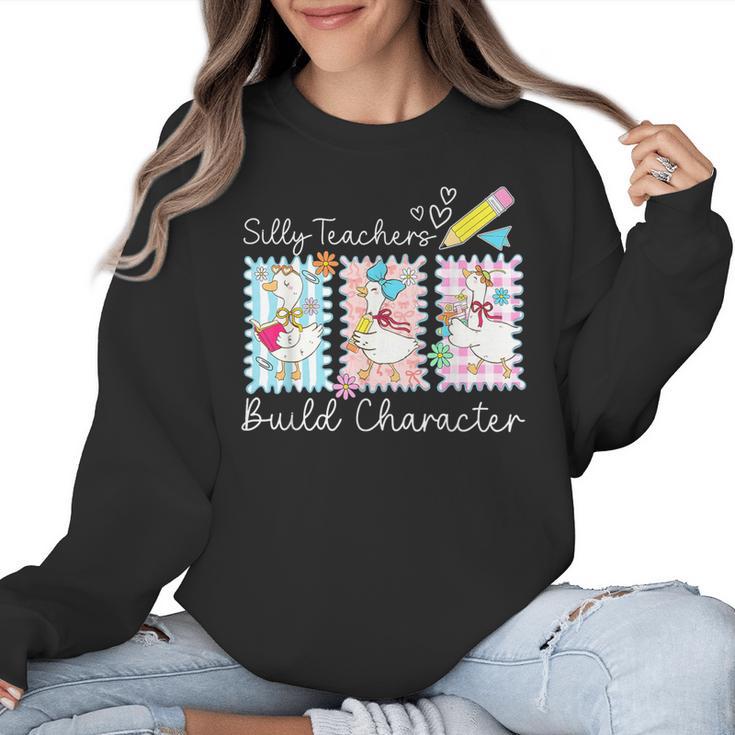 Preppy Silly Teacher Goose Build Character Back To School Women Crewneck Sweatshirt