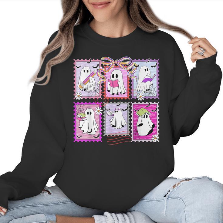 Preppy Spooky Teacher Halloween Ghost Coquette Bow Autumn Women Crewneck Sweatshirt