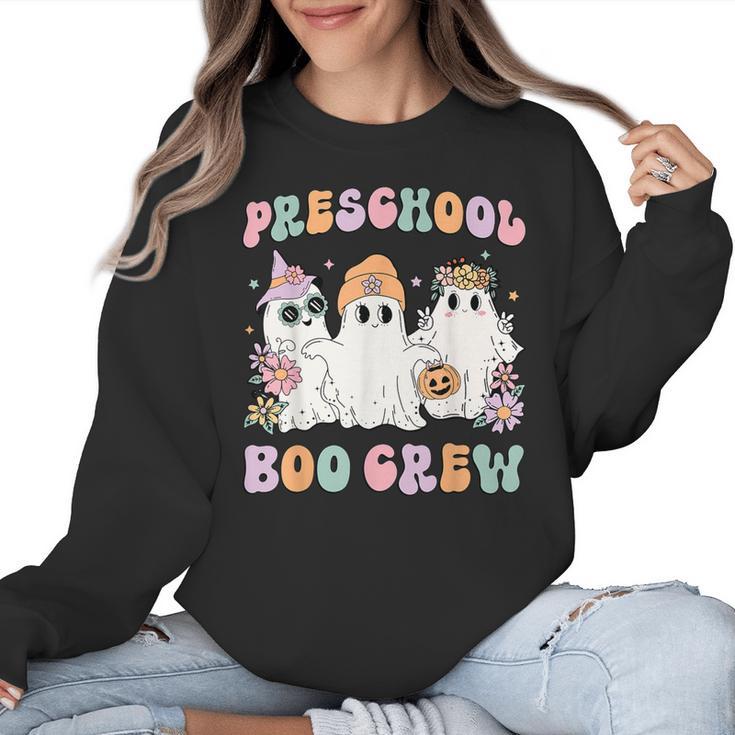 Preschool Boo Crew Groovy Halloween Floral Ghost Teacher Men Women Kids Women Crewneck Sweatshirt