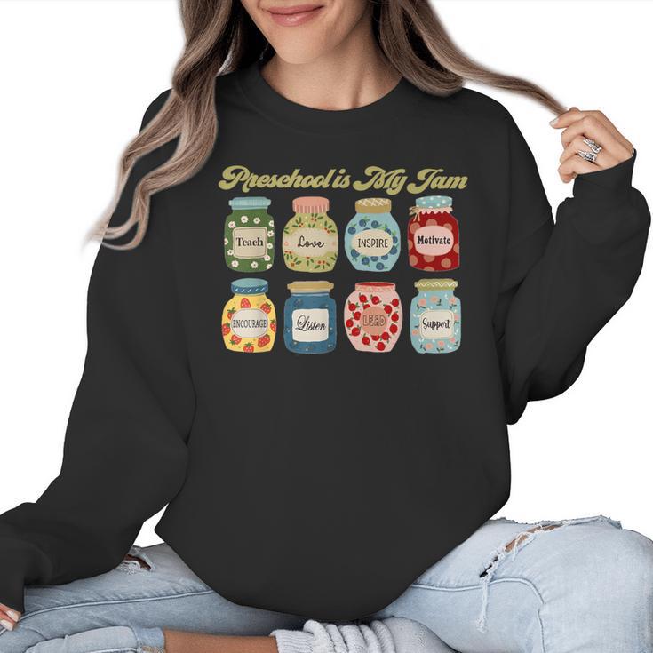 Preschool Is My Jam Retro Preschool Teacher Back To School Women Crewneck Sweatshirt
