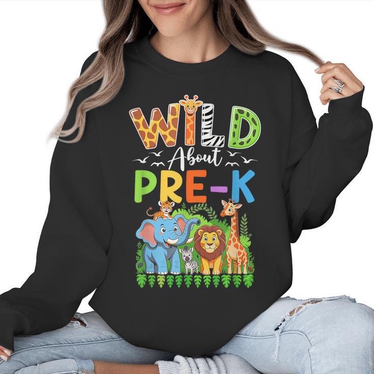 Preschool Teacher Kids Back To School Wild About Pre-K Women Crewneck Sweatshirt
