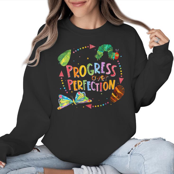 Progress Over Perfection Caterpillar Teacher Back To School Women Crewneck Sweatshirt