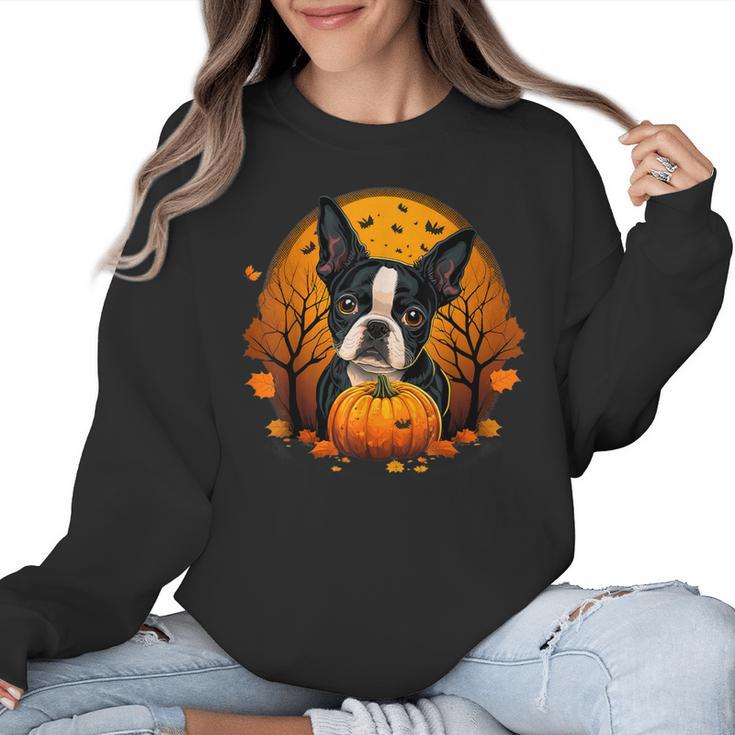 Pumpkin Boston Terrier Costume On Boston Terrier Halloween Women Crewneck Sweatshirt