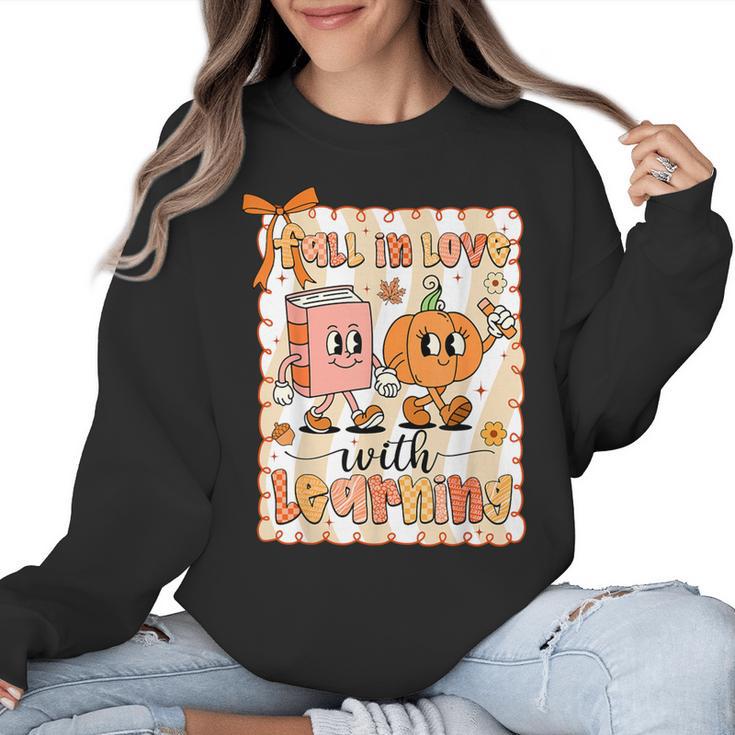 Pumpkin Teacher Preppy Fall In Love With Learning Autumn Women Crewneck Sweatshirt