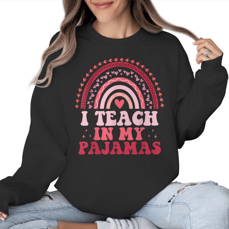 Rainbow Retro Homeschool Mom Teacher I Teach In My Pajamas Women Crewneck Sweatshirt