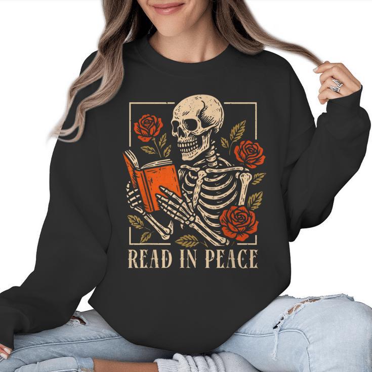 Read In Peace Skeleton Reading Book Halloween Teacher Women Crewneck Sweatshirt