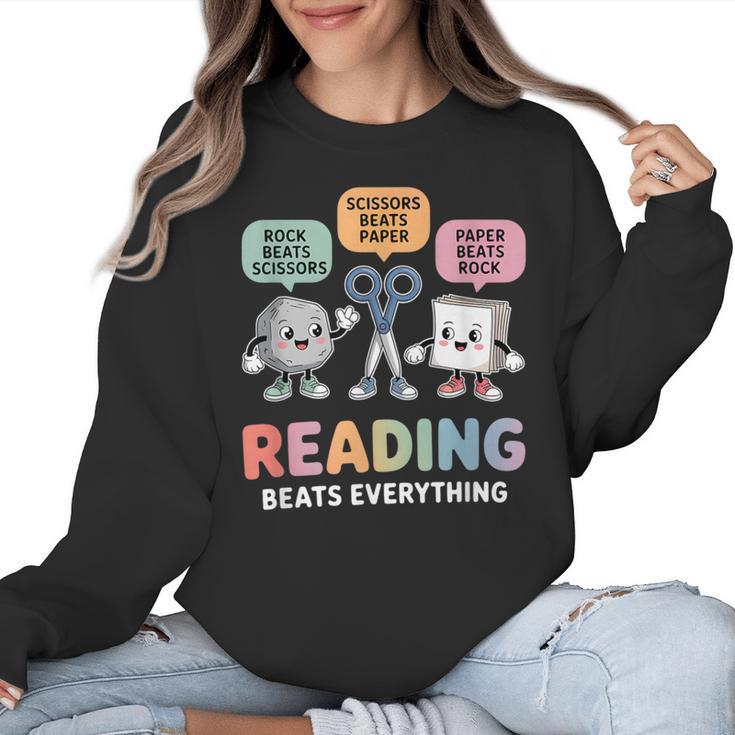 Reading Beats Everything Teacher Rock Paper Scissors Women Crewneck Sweatshirt