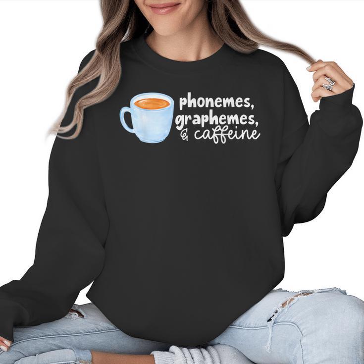 Reading Interventionist Specialist Teacher Phonemes Graphemes And Caffeine Reading Intervention -Adults Classic Fit Short Sleeve Women Crewneck Sweatshirt