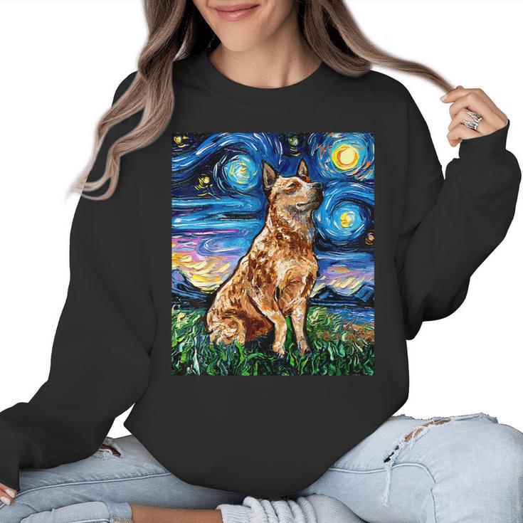 Red Heeler Starry Night Cattle Dog Colorful Art By Aja For Men Women Girls Kids Women Crewneck Sweatshirt