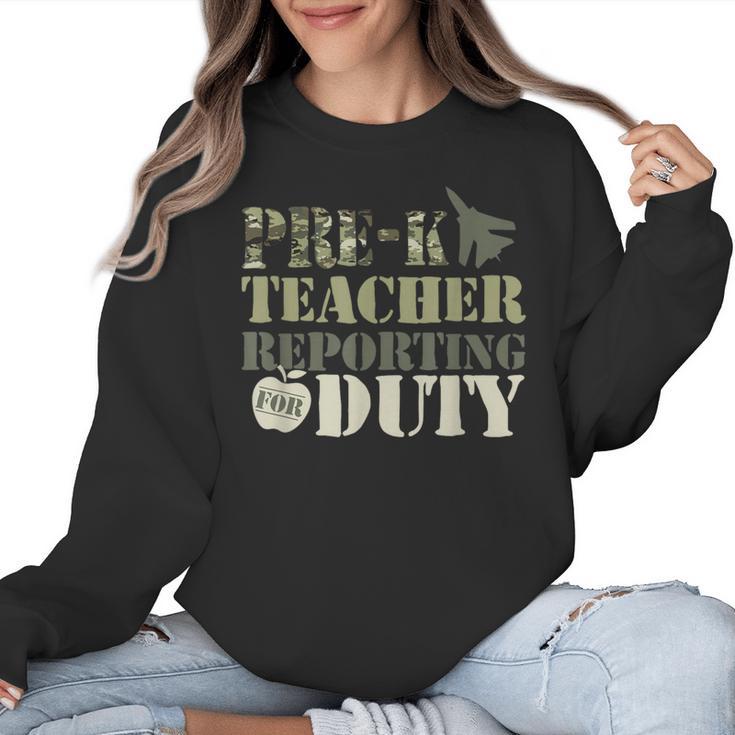 Retro Back To School Women Old Camo Pre-K Teacher Women Crewneck Sweatshirt