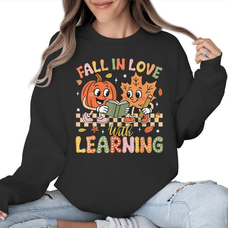 Retro Fall In Love With Learning Autumn Pumpkin Teacher Kids Women Crewneck Sweatshirt