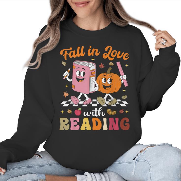 Retro Fall In Love With Learning Pumpkin Autumn Teacher Women Crewneck Sweatshirt