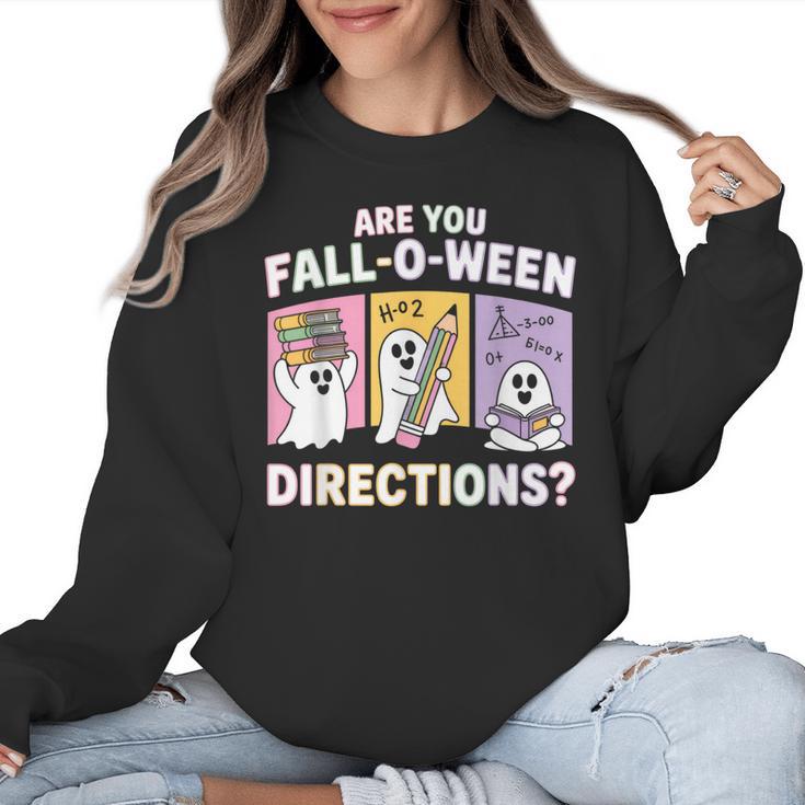 Retro Are You Fall O Ween Directions Teacher Halloween Ghost Women Crewneck Sweatshirt