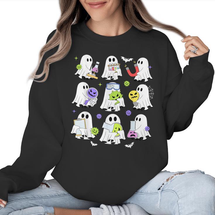Retro Halloween Science Teacher Ghost Laboratory Teacher Women Crewneck Sweatshirt