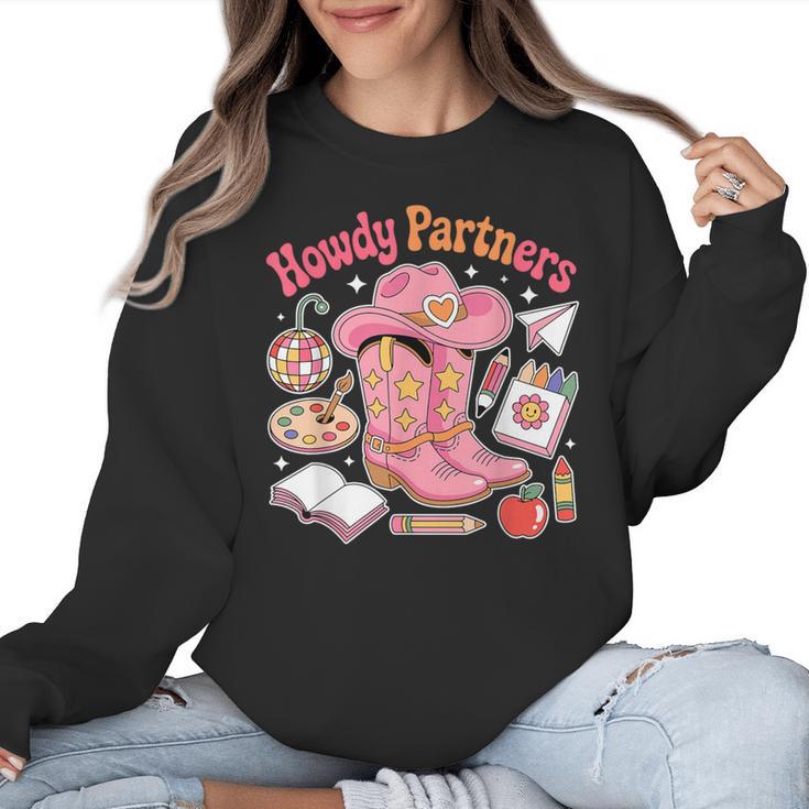 Retro Howdy Partners Cowgirl Cowboy Teacher Back To School Women Crewneck Sweatshirt