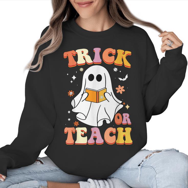 Retro Vintage Groovy Trick Or Teach Teacher Halloween For Men Women Kids Women Crewneck Sweatshirt