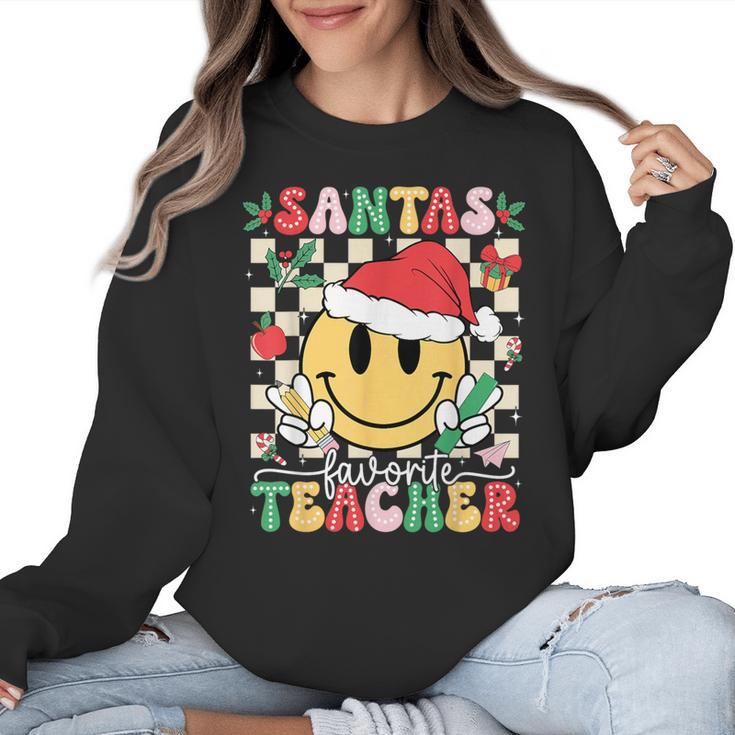 Santas Favorite Teacher Retro Groovy Smile Face Christmas Women Crewneck Sweatshirt