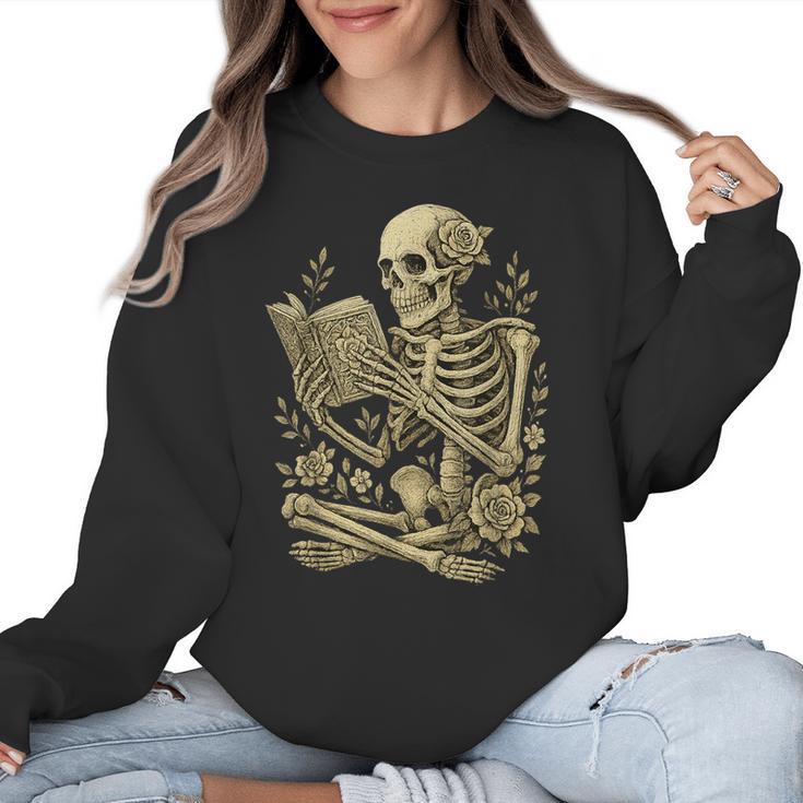 Skeleton Book Floral Skull Halloween Teacher Costume Women Crewneck Sweatshirt