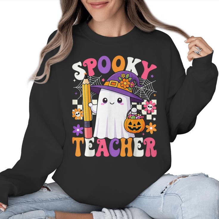 Spooky Teacher Ghost Pencil Teach Halloween Teacher Women Crewneck Sweatshirt