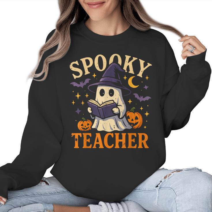 Spooky Teacher Halloween Cute Ghost Pumpkin Reading Women Women Crewneck Sweatshirt