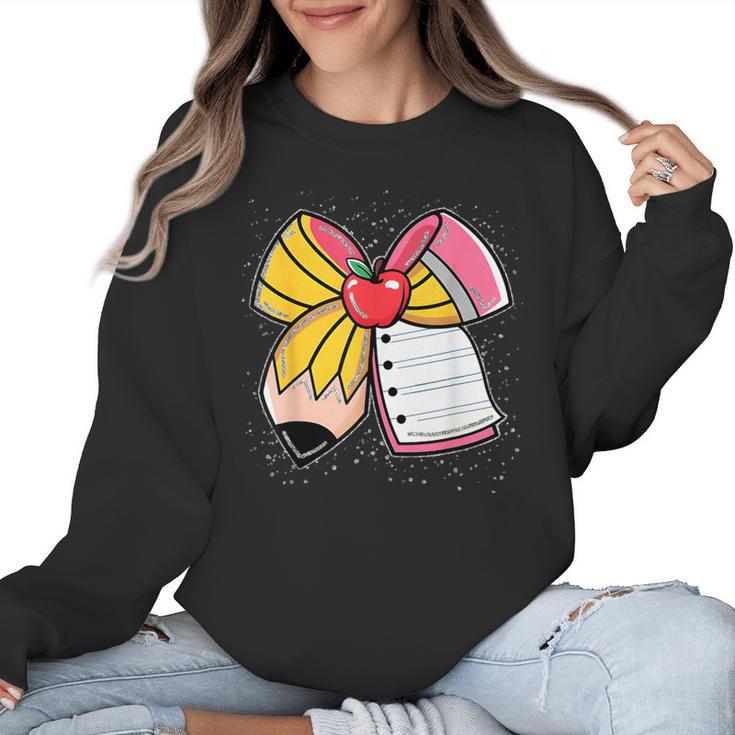 Student Teacher Coquette Bow Pencil Back To School First Day Women Crewneck Sweatshirt