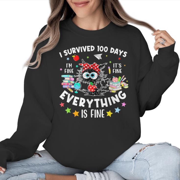 I Survived 100 Days Of School Teacher Kids Cat Lover Women Crewneck Sweatshirt