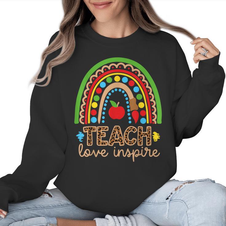 Teach Love Inspire Rainbow Leopard Cheetah Print Teacher Women Crewneck Sweatshirt