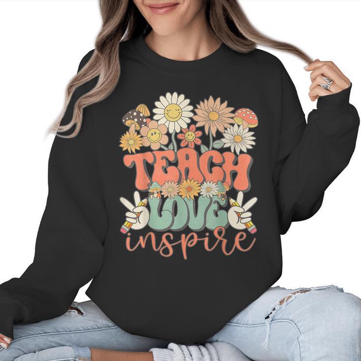 Teach Love Inspire Retro Groovy Daisy Back To School Teacher For Men Women Kids Women Crewneck Sweatshirt