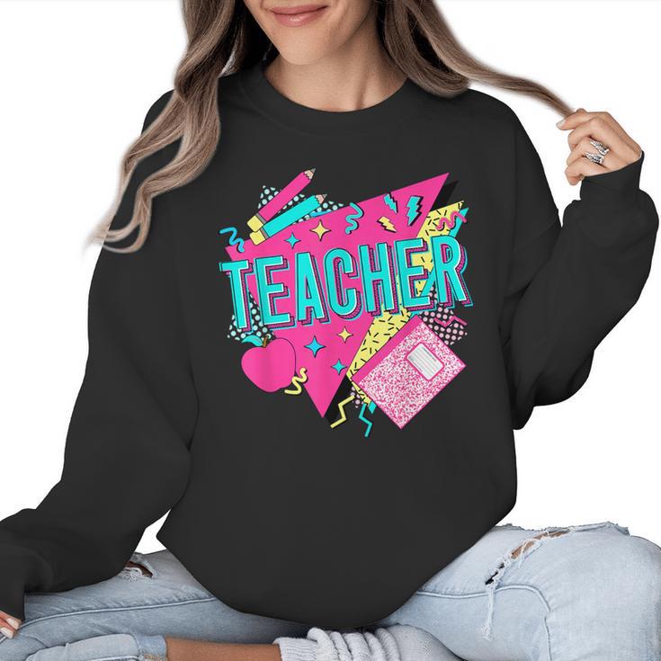 Teacher 90s Retro Colorful Teacher Of The 90s Back To School Women Crewneck Sweatshirt
