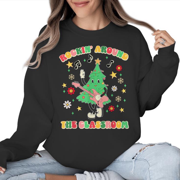 Teacher Christmas Shirts Pajama Matching Rockin' Around The Classroom -Adult Short Sleeve Small Modern Festive Christmas Teacher Xmas Vibes T-Shirt Women Crewneck Sweatshirt