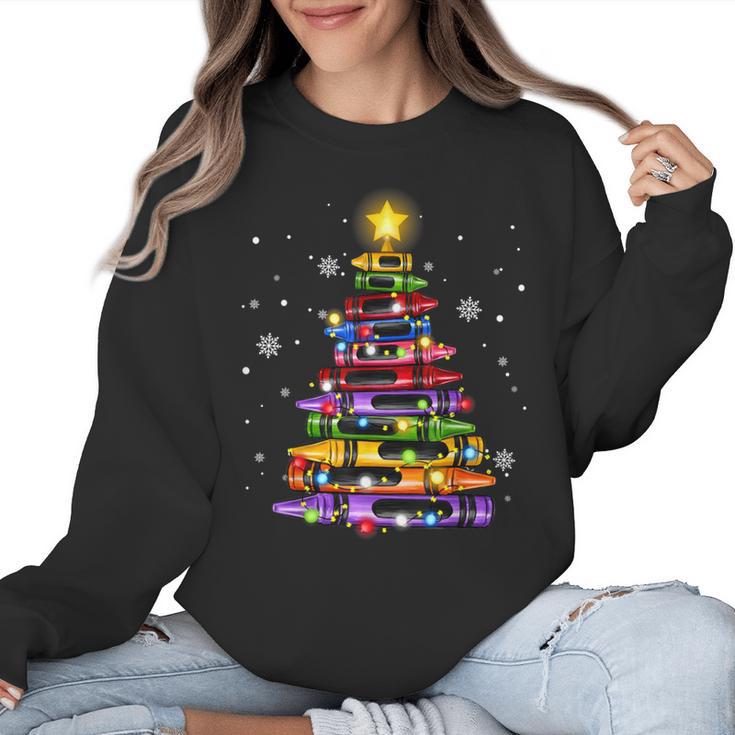 Teacher Crayon Christmas Tree Lights Student School Xmas Women Crewneck Sweatshirt