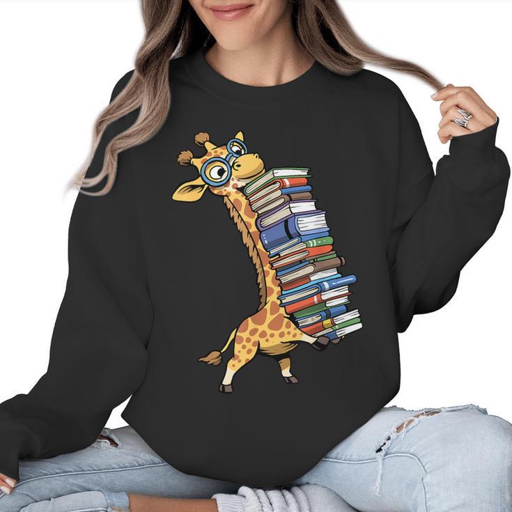 Teacher Shirt Giraffe Holding Books Bookworm Librarian Women Crewneck Sweatshirt