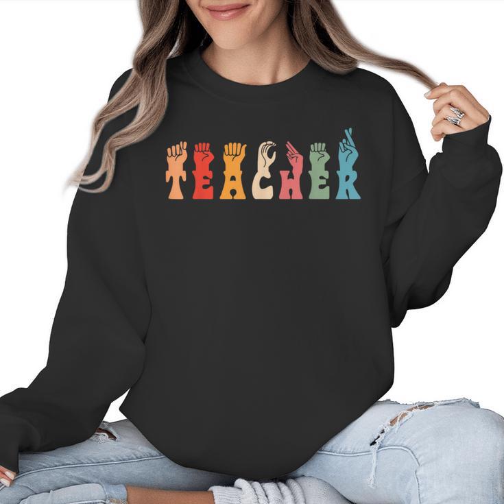 Teacher Word In Sign Language Awareness ASL Back To School Women Crewneck Sweatshirt