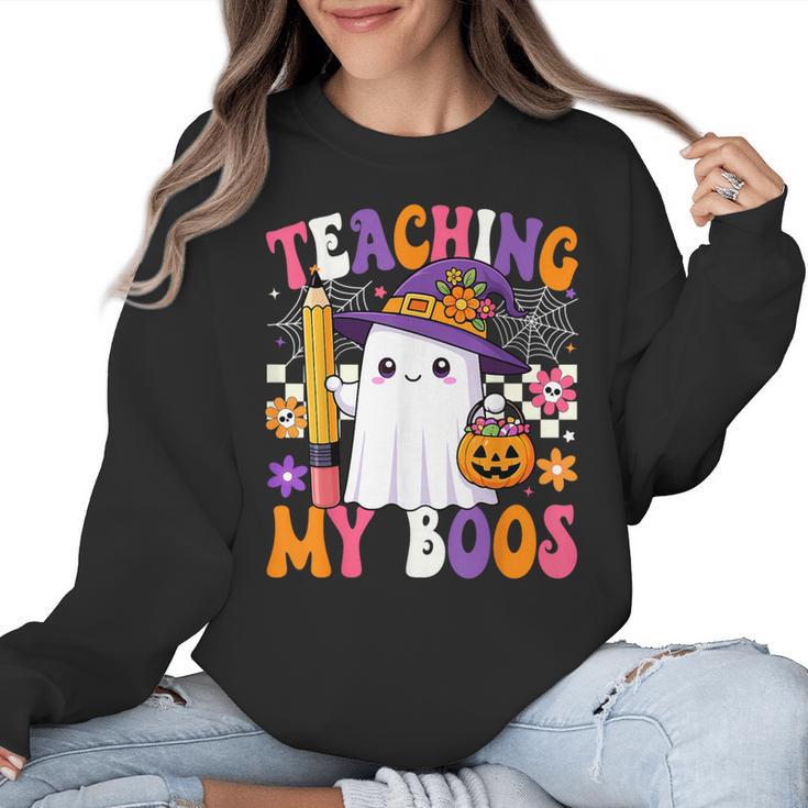 Teaching My Boos Ghost Teacher Cute Pencil Halloween Teacher Women Crewneck Sweatshirt