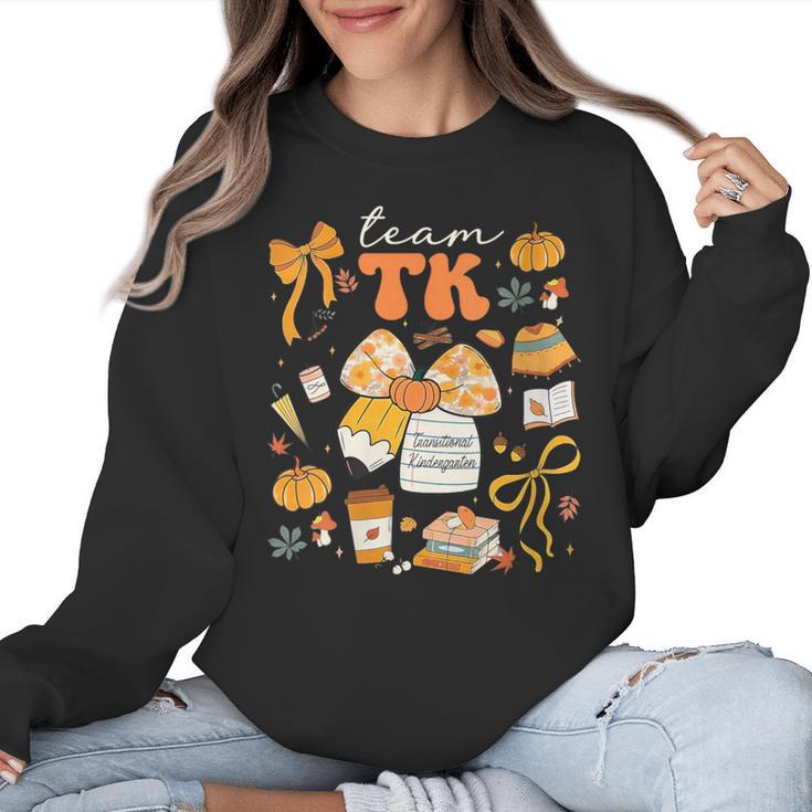 Team TK Crew Preppy Coquette Bow Pumpkin Fall TK Teacher Women Crewneck Sweatshirt