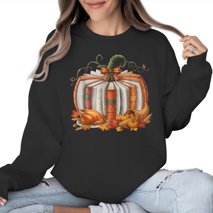 Thanksgiving Book Pumpkin Reading Teachers Fall Lovers Boys Women Crewneck Sweatshirt