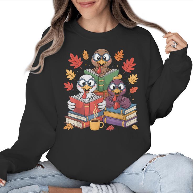 Thanksgiving Teacher Books Turkey Reading Book Women Crewneck Sweatshirt