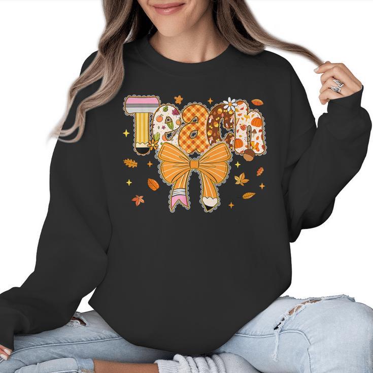 Thanksgiving Teacher Pencil Bow One Thankful Teacher Fall Women Crewneck Sweatshirt