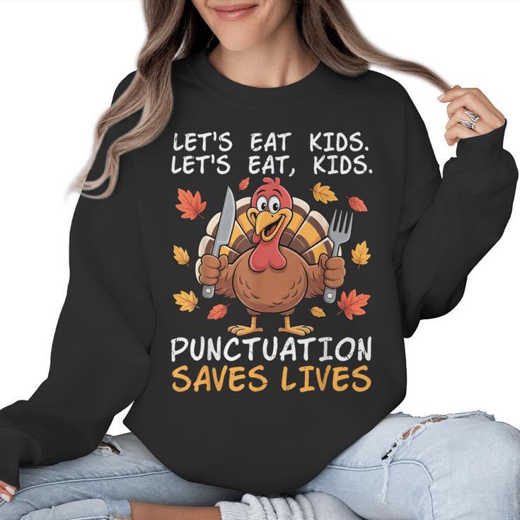 Thanksgiving Teacher Turkey Lets Eat Kids Punctuation Women Crewneck Sweatshirt