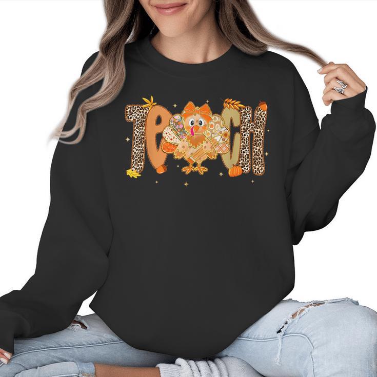 Thanksgiving Turkey Teach Thankful Teacher Girly Bow Women Women Crewneck Sweatshirt
