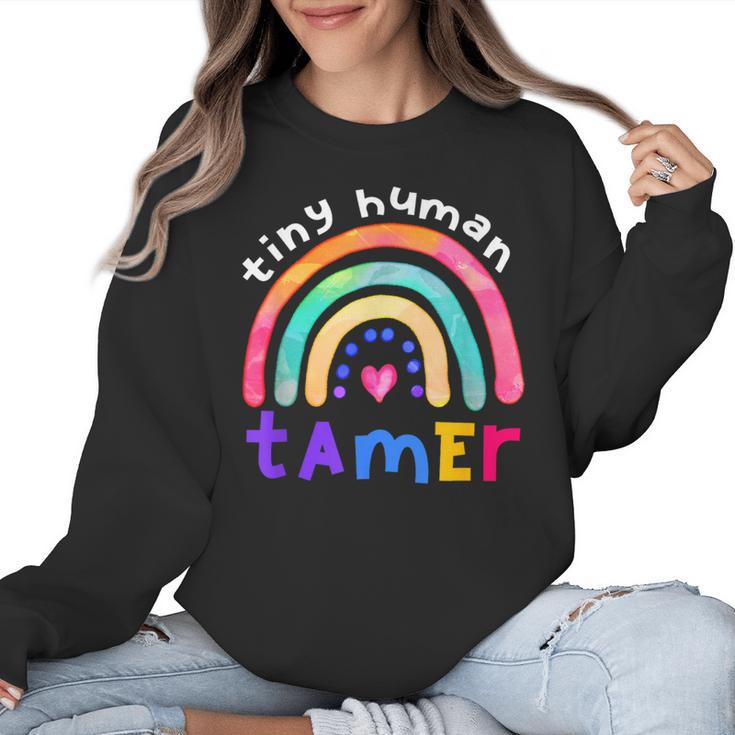 Tiny Human Tamer Watercolor Rainbow Daycare Teacher Women Crewneck Sweatshirt